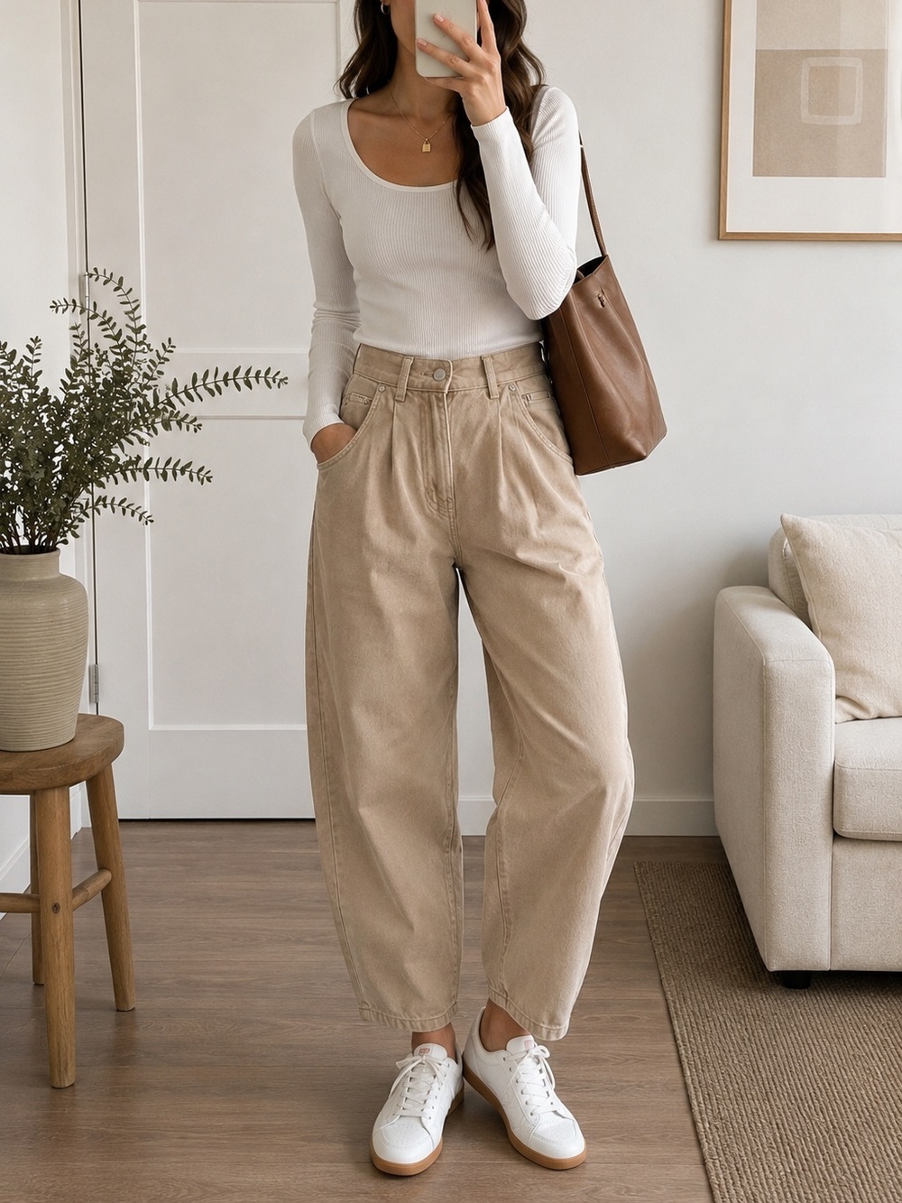 Pull & Bear Beige Barrel Leg Jeans High Rise Balloon Fit Size 4 Minimalist